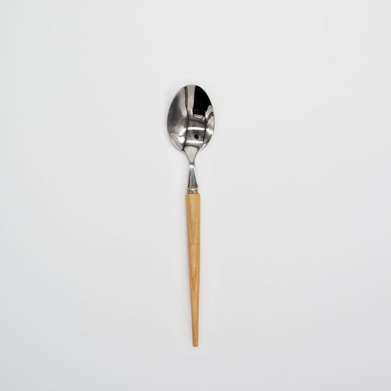 Silver dinner spoon with light wood handle, stylish flatware for catered events, weddings, and polished rustic tablescapes.