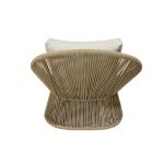 Spade chair with round woven wicker frame and white cushion, relaxed boho lounge chair rental for weddings and events.