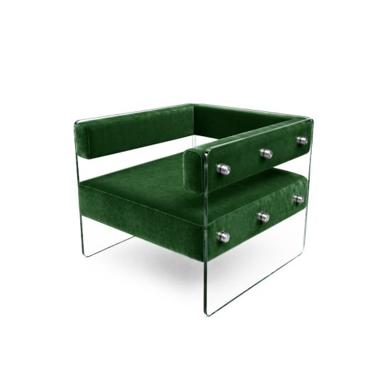 Crystal armchair with Emerald Green velvet cushions and clear acrylic side panels with metal bolts, modern luxury lounge seating for events and weddings.