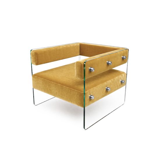 Crystal armchair with Gold velvet cushions and clear acrylic side panels with metal bolts, modern luxury lounge seating for events and weddings.