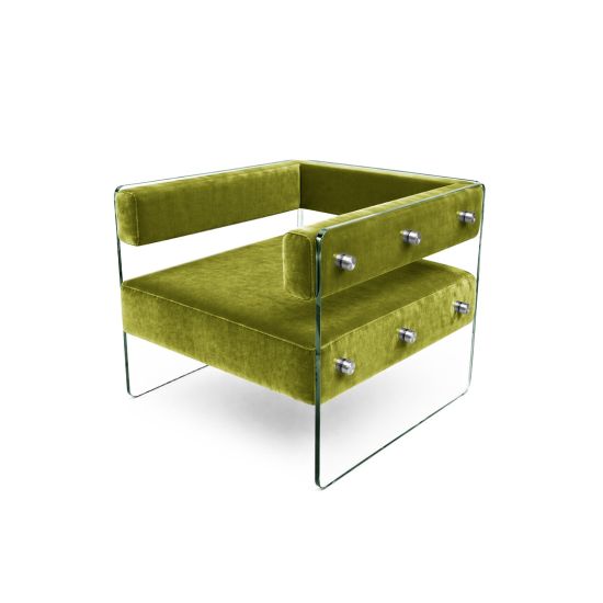 Crystal armchair with Moss velvet cushions and clear acrylic side panels with metal bolts, modern luxury lounge seating for events and weddings.