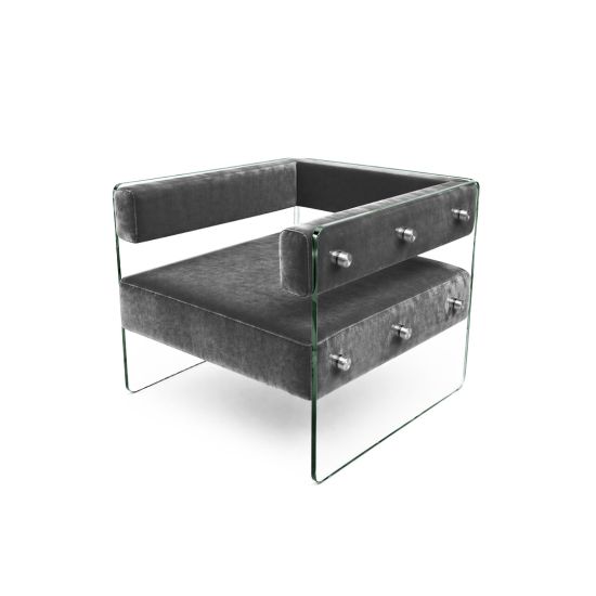 Crystal armchair with silver velvet cushions and clear acrylic side panels with metal bolts, modern luxury lounge seating for events and weddings.