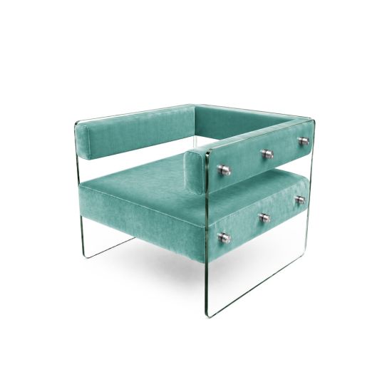 Crystal armchair with tiffany blue velvet cushions and clear acrylic side panels with metal bolts, modern luxury lounge seating for events and weddings.