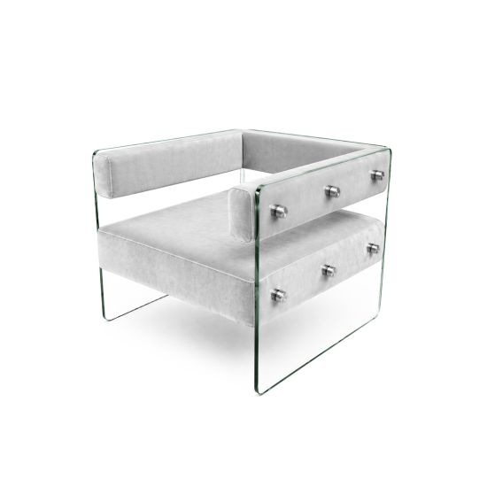 Crystal armchair with white velvet cushions and clear acrylic side panels with metal bolts, modern luxury lounge seating for events and weddings.