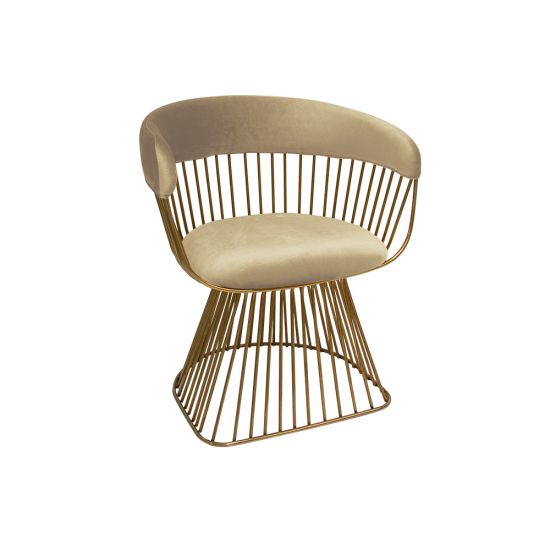 Art Deco Reflection accent chair with champagne velvet seat and curved back, gold metal wire frame, luxury lounge seating for weddings and events.