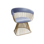 Art Deco Reflection accent chair with dusty blue velvet seat and curved back, gold metal wire frame, luxury lounge seating for weddings and events.