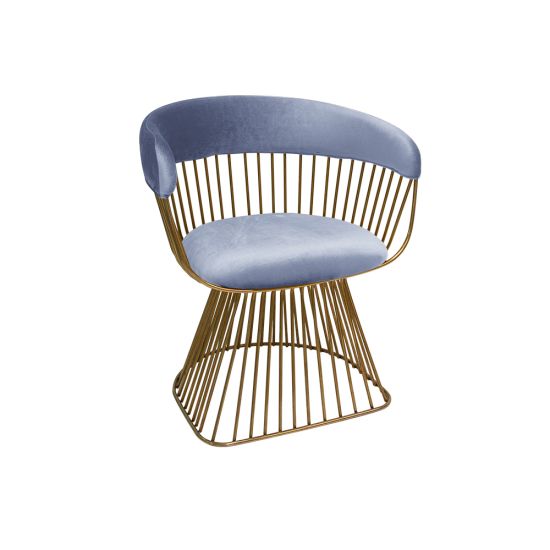 Art Deco Reflection accent chair with dusty blue velvet seat and curved back, gold metal wire frame, luxury lounge seating for weddings and events.