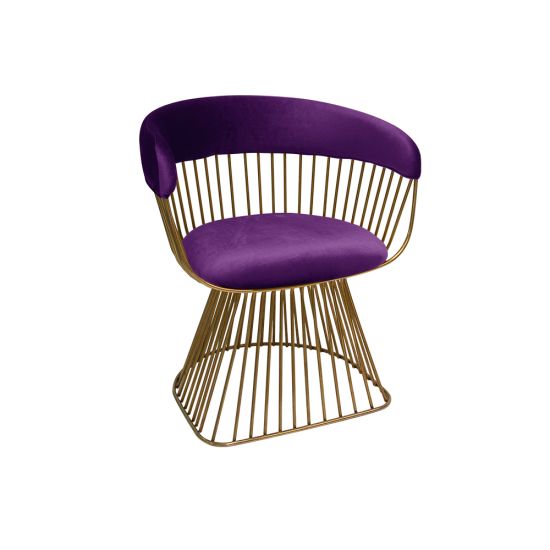 Art Deco Reflection accent chair with eggplant velvet seat and curved back, gold metal wire frame, luxury lounge seating for weddings and events.
