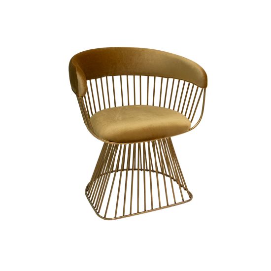 Art Deco Reflection accent chair with Gold velvet seat and curved back, gold metal wire frame, luxury lounge seating for weddings and events.