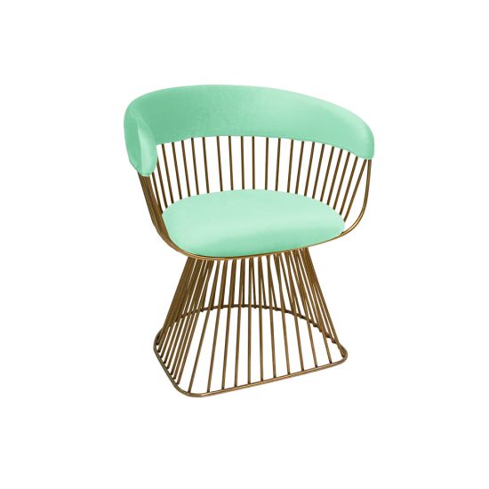 Art Deco Reflection accent chair with mint velvet seat and curved back, gold metal wire frame, luxury lounge seating for weddings and events.