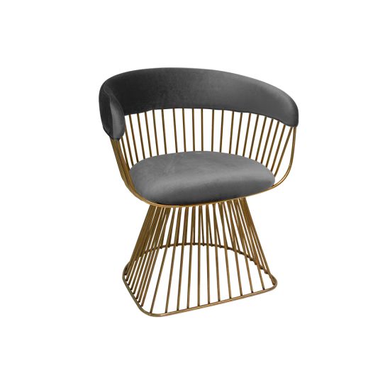 Art Deco Reflection accent chair with Silver velvet seat and curved back, gold metal wire frame, luxury lounge seating for weddings and events.