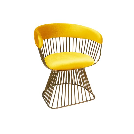 Art Deco Reflection accent chair with Yellow velvet seat and curved back, gold metal wire frame, luxury lounge seating for weddings and events.