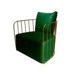 Emerald Green cushioned Reflection accent chair with gold bar frame, modern luxury lounge seating for weddings and upscale events.