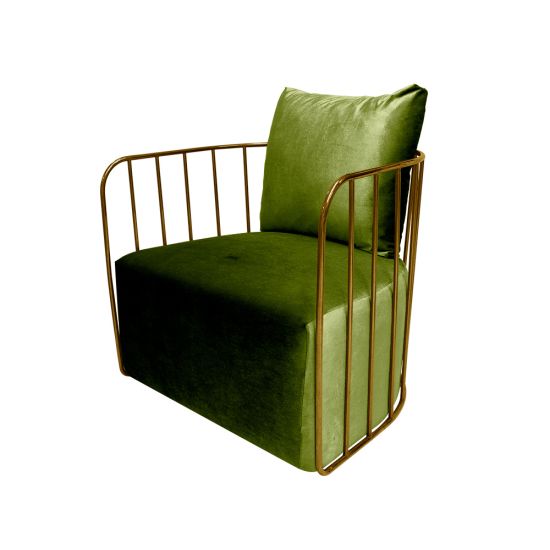 Moss cushioned Reflection accent chair with gold bar frame, modern luxury lounge seating for weddings and upscale events.