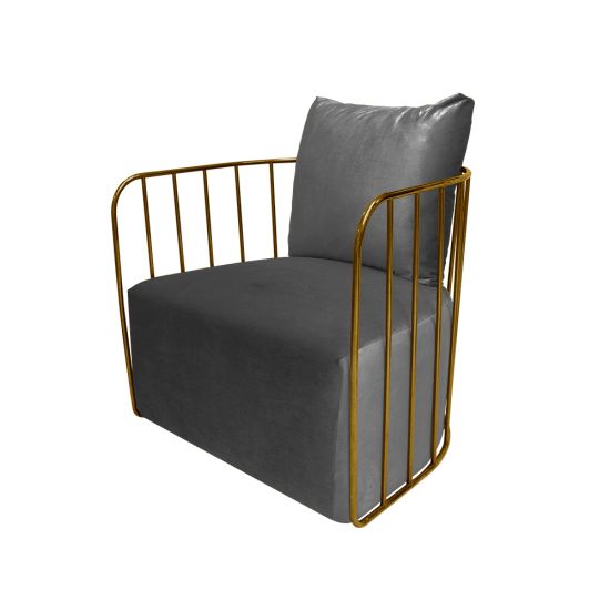 Silver cushioned Reflection accent chair with gold bar frame, modern luxury lounge seating for weddings and upscale events.