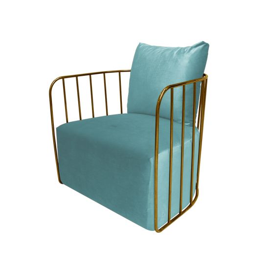 Tiffany Blue cushioned Reflection accent chair with gold bar frame, modern luxury lounge seating for weddings and upscale events.