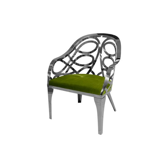 Silver reflective Butterfly Reflection armchair with circular cutout backrest and moss cushioned seat, modern event lounge chair rental