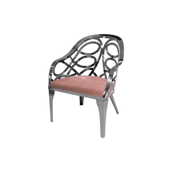 Silver reflective Butterfly Reflection armchair with circular cutout backrest and rose gold cushioned seat, modern event lounge chair rental