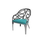 Silver reflective Butterfly Reflection armchair with circular cutout backrest and tiffany blue cushioned seat, modern event lounge chair rental