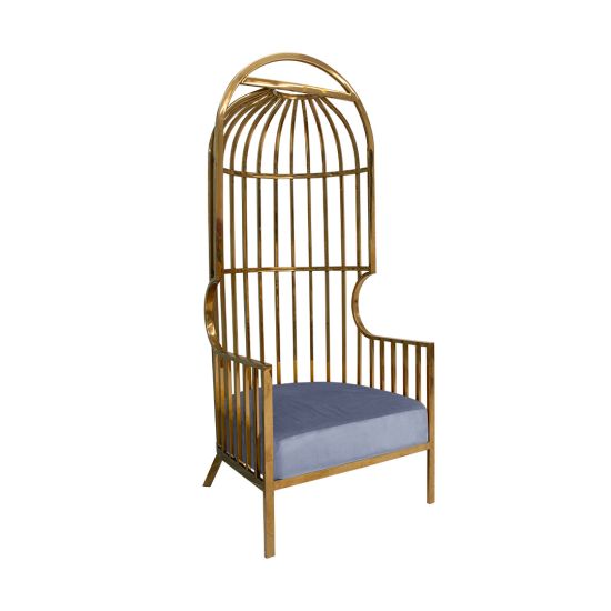 Gold dome cage armchair with vertical gold metal bars and dusty blue velvet seat cushion, modern luxury lounge chair for weddings and events.