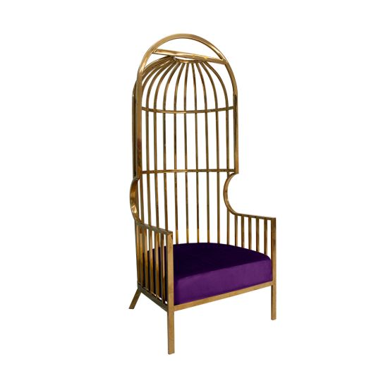 Gold dome cage armchair with vertical gold bars and eggplant velvet seat cushion, modern luxury lounge chair for weddings and events.