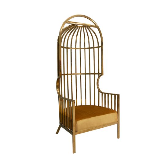 Gold dome cage armchair with vertical gold bars and gold velvet seat cushion, modern luxury lounge chair for weddings and events.