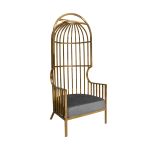 Gold dome cage armchair with vertical gold bars and silver velvet seat cushion, modern luxury lounge chair for weddings and events.