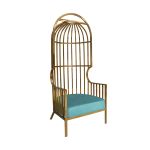 Gold dome cage armchair with vertical gold bars and tiffany blue velvet seat cushion, modern luxury lounge chair for weddings and events.