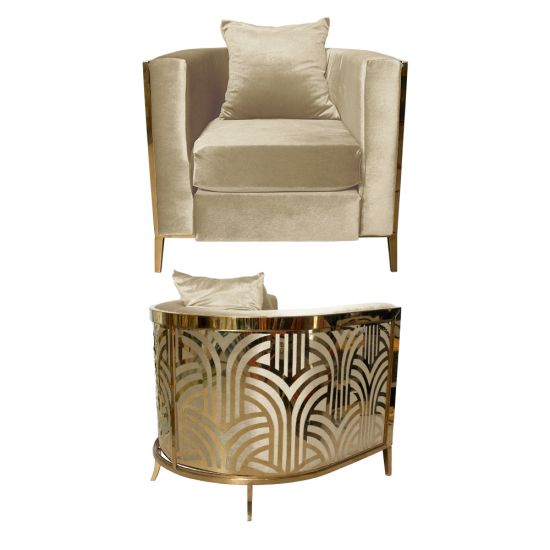 Art Deco reflection chair with champagne velvet upholstery, plush cushion, and curved gold metal frame featuring a reflective black and gold geometric back design for luxury events