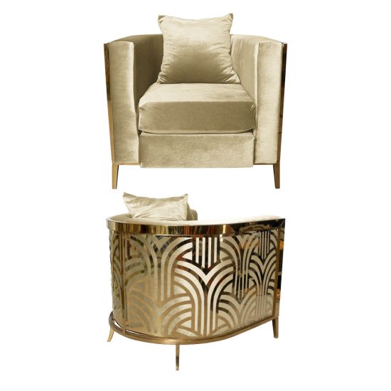 Art Deco reflection chair with ivory velvet upholstery, plush cushion, and curved gold frame featuring a reflective black and gold geometric back design for luxury events