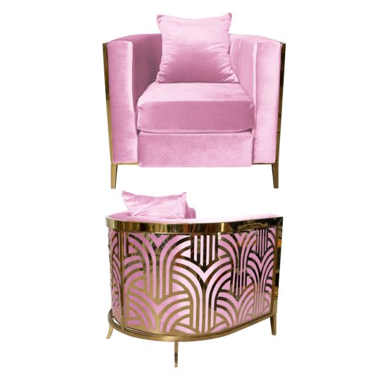 Art Deco reflection chair with light pink velvet upholstery, plush cushion, and curved gold frame featuring a reflective black and gold geometric back design for luxury events