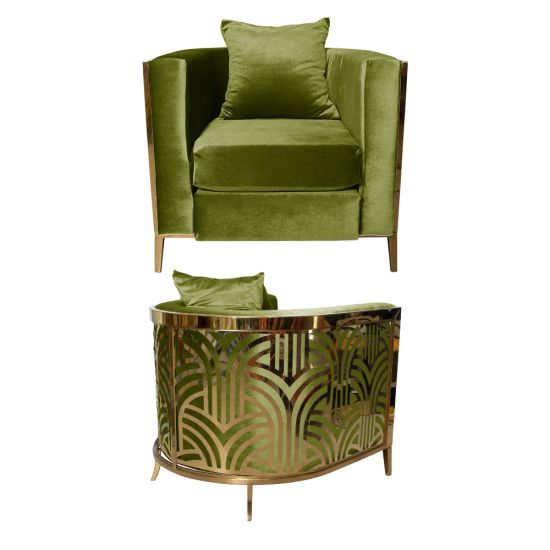 Art Deco reflection chair with moss velvet upholstery, plush cushion, and curved gold frame featuring a reflective black and gold geometric back design for luxury events