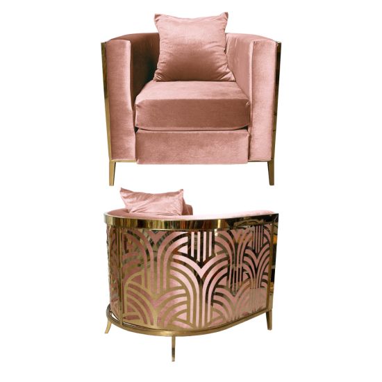 Art Deco reflection chair with rose gold velvet upholstery, plush cushion, and curved gold frame featuring a reflective black and gold geometric back design for luxury events