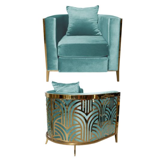 Art Deco reflection chair with tiffany blue velvet upholstery, plush cushion, and curved gold frame featuring a reflective black and gold geometric back design for luxury events
