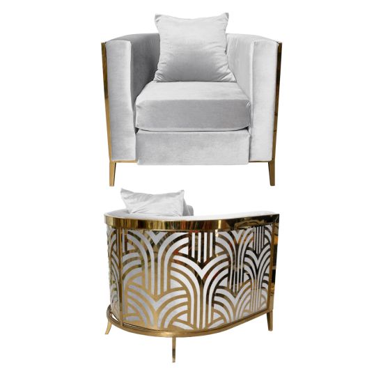 Art Deco reflection chair with white velvet upholstery, plush cushion, and curved gold frame featuring a reflective black and gold geometric back design for luxury events