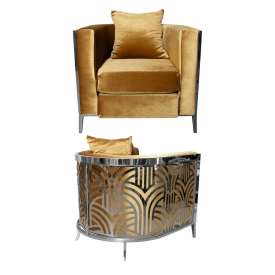 Gold velvet art deco accent chair with silver frame and curved mirrored back featuring geometric fan pattern, modern lounge seating.