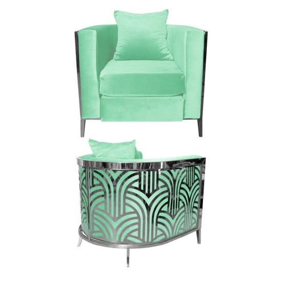 Mint velvet art deco accent chair with silver frame and curved mirrored back featuring geometric fan pattern, modern lounge seating.