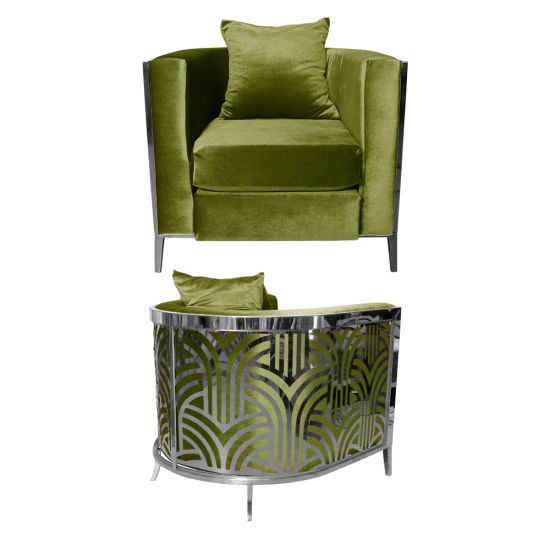 Moss velvet art deco accent chair with silver frame and curved mirrored back featuring geometric fan pattern, modern lounge seating.