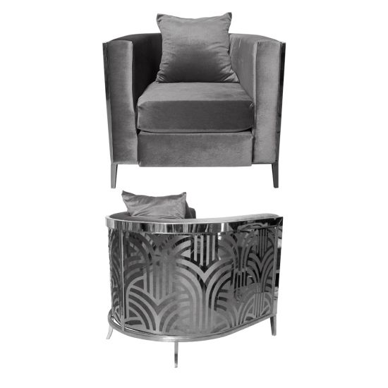 Silver velvet art deco accent chair with silver frame and curved mirrored back featuring geometric fan pattern, modern lounge seating.