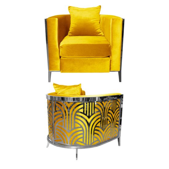 Yellow velvet art deco accent chair with silver frame and curved mirrored back featuring geometric fan pattern, modern lounge seating.