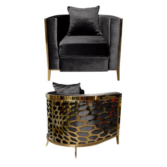 Black velvet accent chair with gold frame and curved mirrored back featuring abstract kaleidoscope geometric pattern, luxury art deco lounge seating.