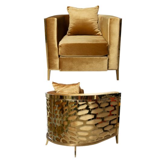 Gold velvet accent chair with gold frame and curved mirrored back featuring abstract kaleidoscope geometric pattern, luxury art deco lounge seating.