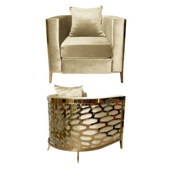 Ivory velvet accent chair with gold frame and curved mirrored back featuring abstract kaleidoscope geometric pattern, luxury art deco lounge seating.