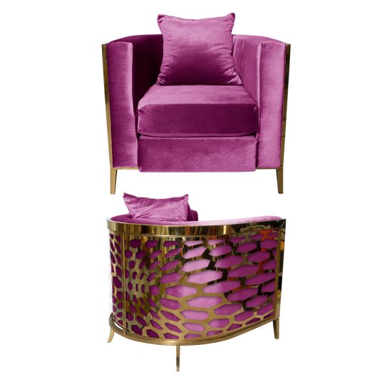 Magenta velvet accent chair with gold frame and curved mirrored back featuring abstract kaleidoscope geometric pattern, luxury art deco lounge seating.
