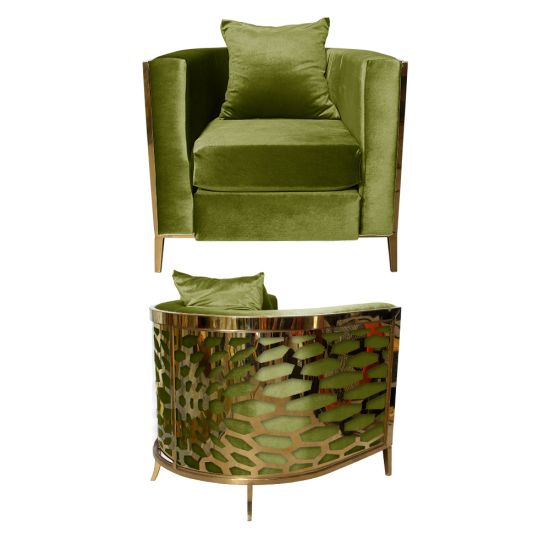 Moss velvet accent chair with gold frame and curved mirrored back featuring abstract kaleidoscope geometric pattern, luxury art deco lounge seating.