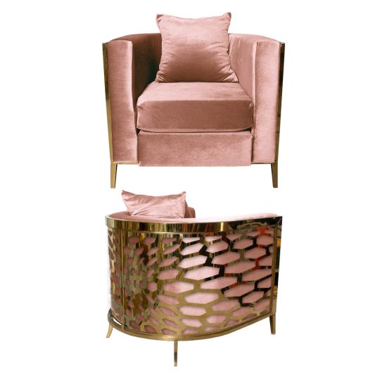 Rose Gold velvet accent chair with gold frame and curved mirrored back featuring abstract kaleidoscope geometric pattern, luxury art deco lounge seating.