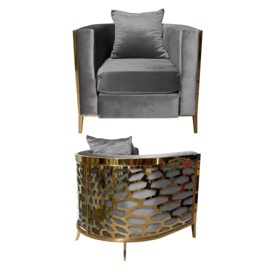 Silver velvet accent chair with gold frame and curved mirrored back featuring abstract kaleidoscope geometric pattern, luxury art deco lounge seating.