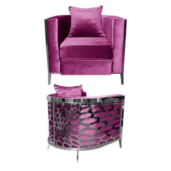 Magenta velvet accent chair with silver frame and curved mirrored back featuring abstract kaleidoscope geometric pattern, luxury art deco lounge seating.