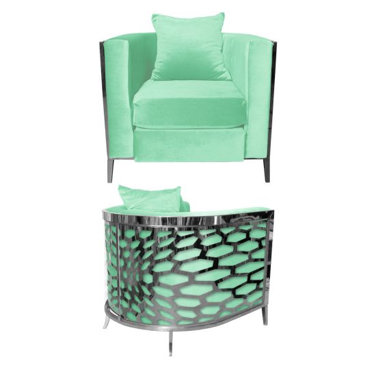 Mint velvet accent chair with silver frame and curved mirrored back featuring abstract kaleidoscope geometric pattern, luxury art deco lounge seating.