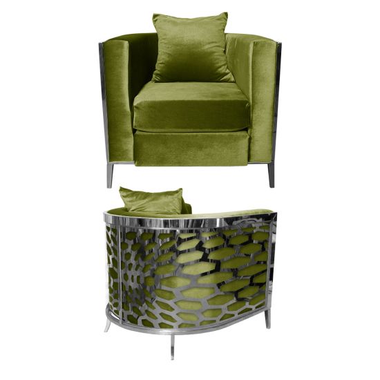 Moss velvet accent chair with silver frame and curved mirrored back featuring abstract kaleidoscope geometric pattern, luxury art deco lounge seating.